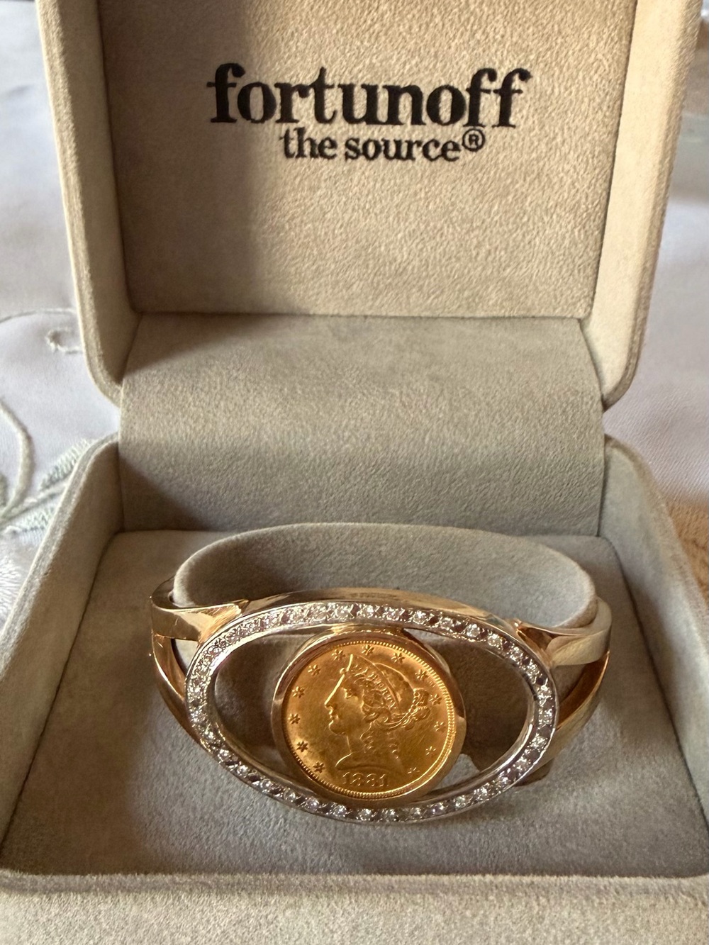 Vintage Fortunoff 14K Gold 1881 US $5 Liberty Head Coin Diamond Bracelet